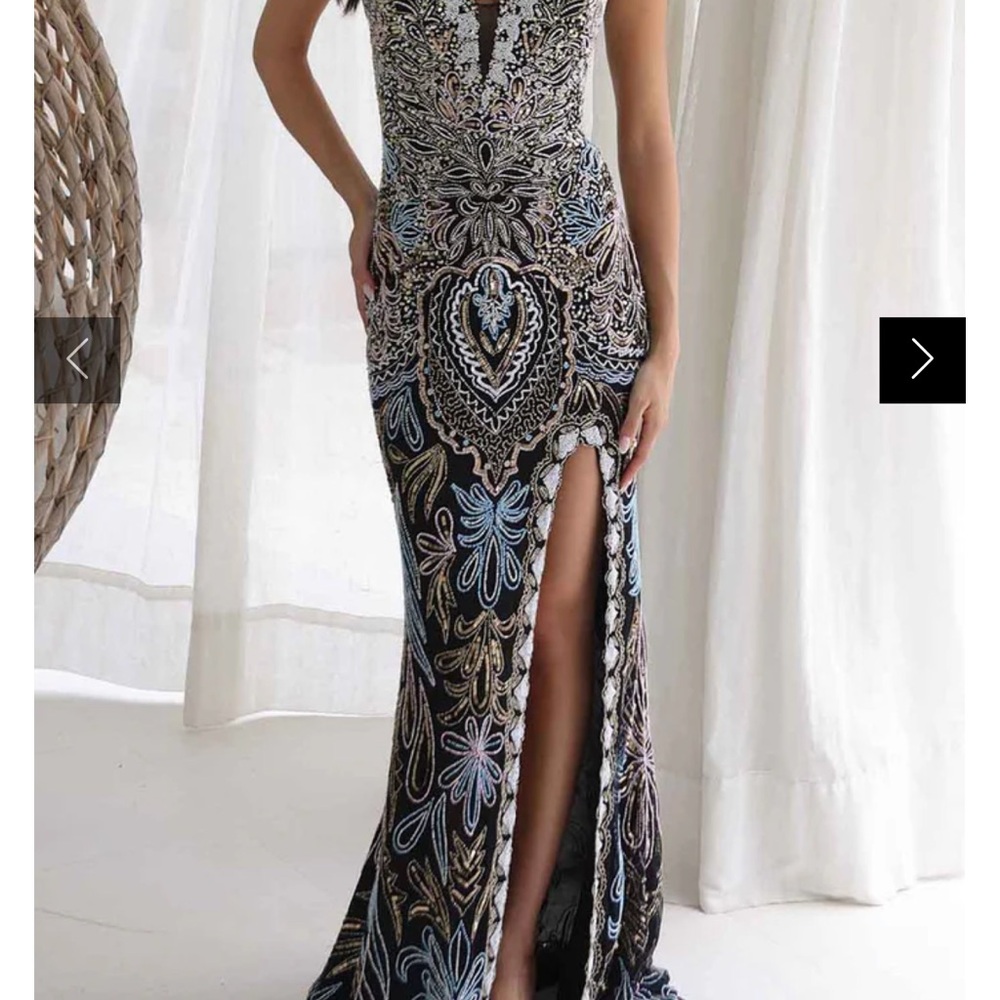 Elegant Black and Blue Embroidered Evening Gown